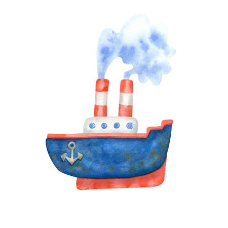 The ship with steam from pipes and an anchor. Hand painted illustration isolated on white background. Sea and ocean vessel theme. Great kids design. Blue and red colors.の写真素材