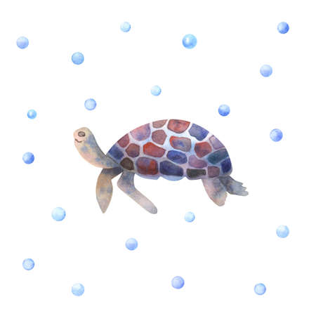 Watercolor turtle and pearls or bubbles poster. Hand painted children illustration. Sea and ocean animal theme.の写真素材
