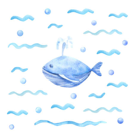 Watercolor whale and sea waves posters. Hand painted children illustration. Sea and ocean animal theme.の写真素材