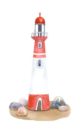 Watercolor lighthouse surrounded by stones. Hand painted illustration isolated on white background. Sea and ocean theme. Great kids poster design.の写真素材