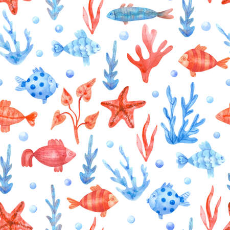 Watercolor seamless pattern with colorful fish, seaweeds, starfish and pearls or bubbles on white. Underwater life hand painted illustration. Red and blue colors. Beautiful textile print.の写真素材