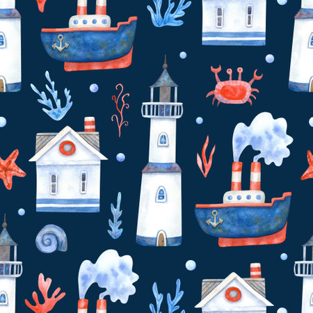 Watercolor seamless pattern with ships, crabs, starfish, sea houses, seaweeds and lighthouses on navy blue. Great for fabrics, wrapping papers, wallpapers, linens, playrooms. Hand painted illustrationの写真素材
