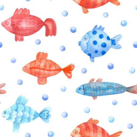 Watercolor seamless pattern with colorful fish and pearls on white background. Underwater life hand painted illustration. Great for fabrics, kids clothes, linens, playrooms decorating.の写真素材