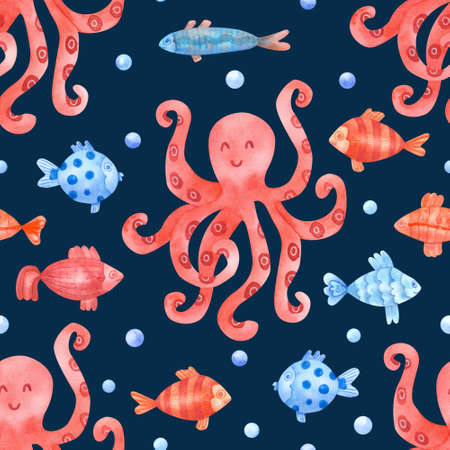 Watercolor seamless pattern with smiling octopuses, pearls and colorful fish on navy blue background. Underwater life hand painted illustration. Beautiful textile kids print.の写真素材