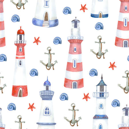 Watercolor seamless pattern with lighthouses, starfish and anchor on white. Beautiful textile print. Great for fabrics, wrapping papers, wallpapers, playrooms, kids clothes. Hand painted illustrationの写真素材