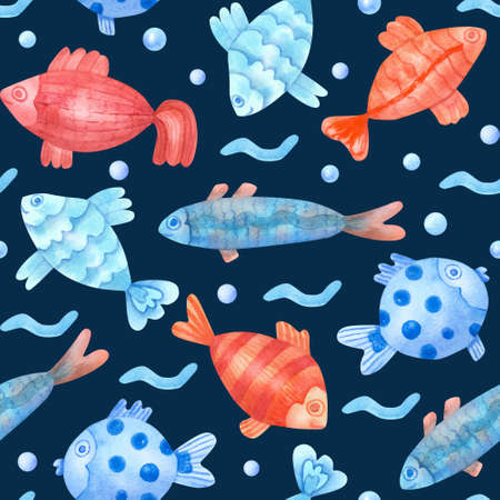 Watercolor seamless pattern with colorful fish, waves and pearls on navy blue. Underwater life hand painted illustration. Great for fabrics, kids clothes, linens, playrooms decorating.の写真素材