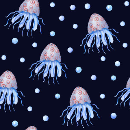 Watercolor seamless pattern with jellyfish and pearls on navy blue background. Underwater life hand painted illustration. Kids design. Beautiful textile print.の写真素材