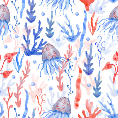 Watercolor seamless pattern with seaweeds, jellyfish and pearls on white background. Underwater life hand painted illustration. Red and blue colors.の写真素材