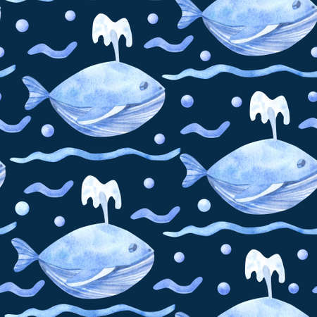 Watercolor seamless pattern with whales, pearls and waves on navy blue background. Underwater life hand painted illustration. Beautiful textile print.の写真素材