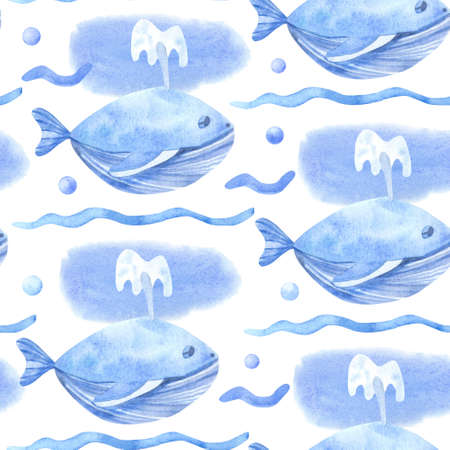 Watercolor seamless pattern with whales, pearls and waves white background. Underwater life hand painted illustration. Beautiful textile print.の写真素材