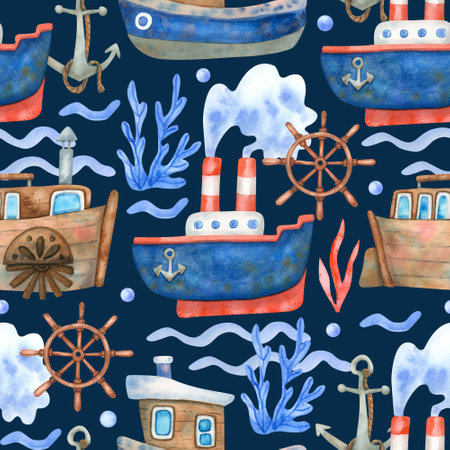 Watercolor seamless pattern with ships, steering wheels and sea waves on navy blue. Beautiful textile print. Great for fabrics, wrapping papers, wallpapers, kids linens. Hand painted illustration.の写真素材