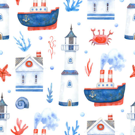 Watercolor seamless pattern with ships, crabs, starfish, sea houses, seaweeds and lighthouses on white. Great for fabrics, wrapping papers, wallpapers, linens, playrooms. Hand painted illustration.の写真素材