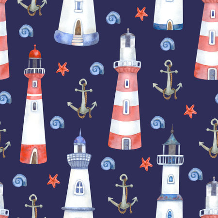 Watercolor seamless pattern with lighthouses and anchor on navy blue. Beautiful textile print. Great for fabrics, wrapping papers, wallpapers, playrooms, kids clothes. Hand painted illustrationの写真素材