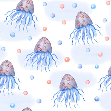 Watercolor seamless pattern with jellyfish, blue spots and pearls on white background. Underwater life hand painted illustration. Red and blue colors. Beautiful textile print.の写真素材