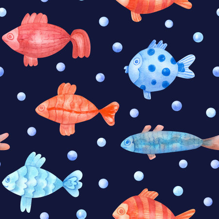 Watercolor seamless pattern with colorful fish and pearls on navy blue background. Underwater life hand painted illustration. Great for fabrics, kids clothes, linens, playrooms decorating.の写真素材
