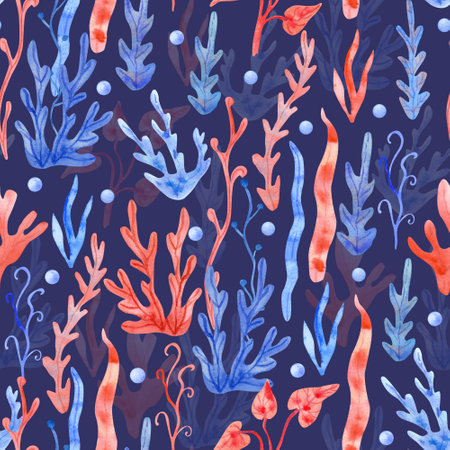 Watercolor seamless pattern with seaweeds and pearls on navy blue background. Underwater plant hand painted illustration. Red and blue colors.の写真素材