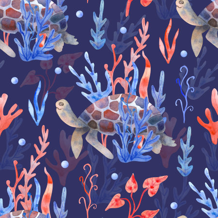 Watercolor seamless pattern with turtles and seaweeds on navy blue background. Underwater life hand painted illustration. Red and blue colors. Beautiful textile print.の写真素材