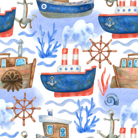 Watercolor seamless pattern with ships, steering wheels and sea waves on white. Beautiful textile print. Great for fabrics, wrapping papers, wallpapers, kids linens. Hand painted illustration.の写真素材