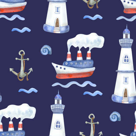 Watercolor seamless pattern with ships and lighthouses on navy blue. Beautiful textile print. Great for fabrics, wrapping papers, wallpapers, linens, playrooms, kids clothes. Hand painted illustrationの写真素材