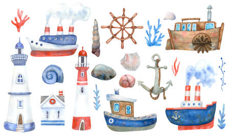 Watercolor nautical set with ships , lighthouses, steamboats on white background. Hand painted illustration. Red, brown and blue colors.の写真素材