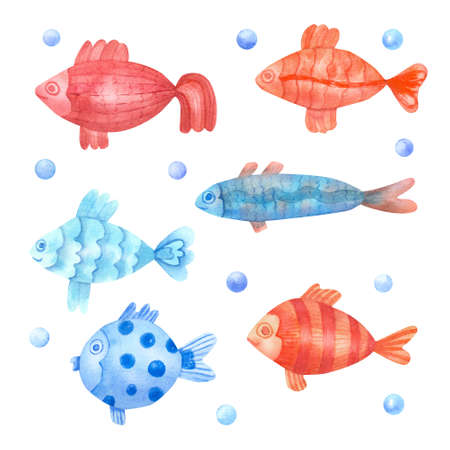 Colorful fish and bubbles set. Hand painted watercolor illustrations isolated on white background. Sea and ocean animals theme. Great for kids design.の写真素材