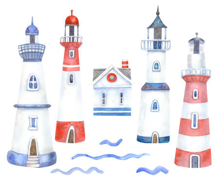 Set with watercolor lighthouses and sea house. Hand painted illustration isolated on white background. Ocean theme. Great kids design. Red and blue colors.の写真素材