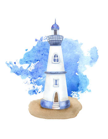 Watercolor lighthouse on blue water splash background. Hand painted illustration. Ocean theme. Great kids design. Red and blue colors.の写真素材