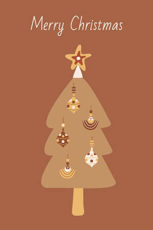 Xmas card decorated with boho Christmas tree. Vector hand drawn illustration isolated on white background. Christmas cards. Earth tones.のイラスト素材