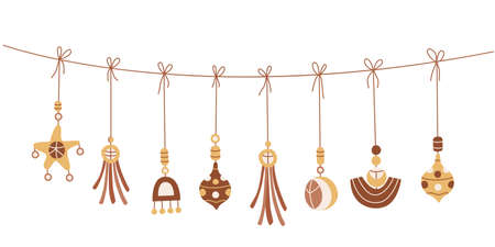 Xmas garland decorated with boho baubles. Vector hand drawn illustration isolated on white background. Great for Christmas cards. Earth tones.のイラスト素材