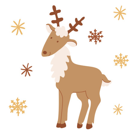 Cute reindeer with snowflakes. Vector hand drawn illustration isolated on white background. Great for greeting Christmas cards. Earth tones.のイラスト素材