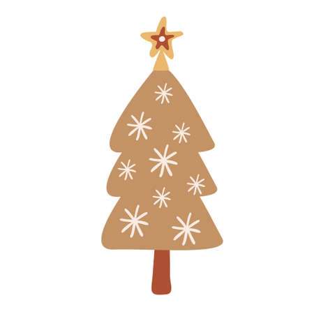 Christmas tree decorated with snowflakes and star on top. Vector hand drawn illustration isolated on white background. Great for greeting Christmas cards. Boho earth tones.のイラスト素材