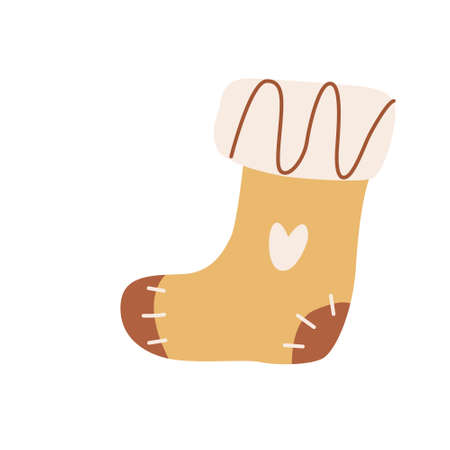 Cute Christmas sock decorated with heart. Vector hand drawn illustration isolated on white background. Great for greeting cards. Boho Earth tones.のイラスト素材