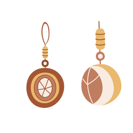 Christmas baubles. Vector hand drawn illustration isolated on white background. Great for greeting cards. Boho Earth tones.のイラスト素材