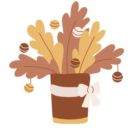 Christmas tree branches in a pot decorated with a bow ribbon. Vector hand drawn illustration isolated on white background. Great for greeting cards. Boho Earth tones.のイラスト素材