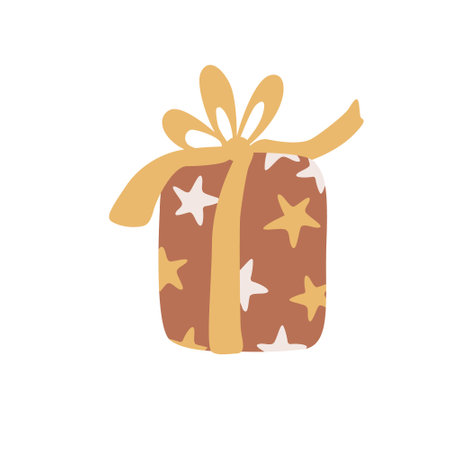 Gift box decorated with stars and bow ribbon. Vector hand drawn illustration isolated on white background. Great for greeting cards. Boho earth tones.のイラスト素材