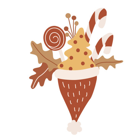 Santa hat decorated with candy canes, Christmas tree, lollipop, leaves and berries. Vector hand drawn illustration isolated on white background. Great for greeting cards. Boho Earth tones.のイラスト素材