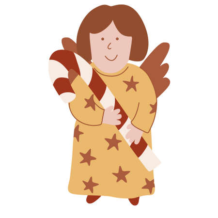 Cute angel with candy cane. Vector hand drawn illustration isolated on white background. Great for greeting Christmas cards. Earth Tones.のイラスト素材