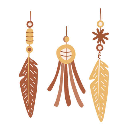 Christmas baubles. Nice feathers decorated with beads. Vector hand drawn illustration isolated on white background. Great for greeting cards. Boho Earth tones.のイラスト素材