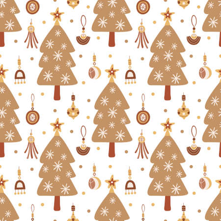 Vector boho seamless pattern with Christmas trees and baubles on white. Great for fabrics, wrapping papers, covers. Hand drawn flat illustration in earth tones.のイラスト素材