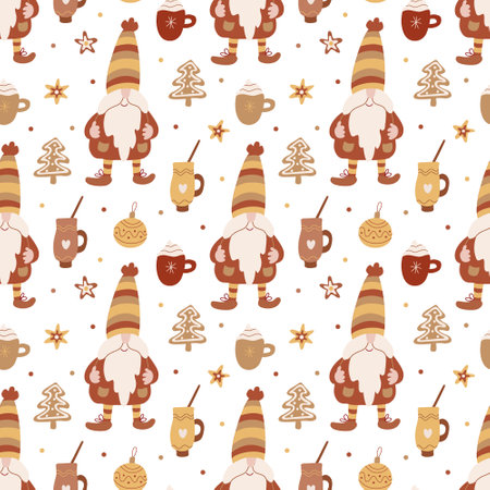 Vector Christmas seamless pattern with gnomes, cute mugs, gingerbread and stars on white. Great for fabrics, wrapping papers, covers. Hand drawn flat illustration in earth tones.のイラスト素材