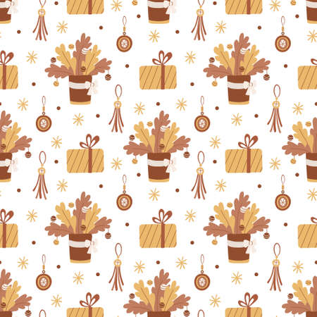 Vector boho seamless pattern with Christmas decorations, baubles, gift boxes and snowflakes on white. Great for fabrics, wrapping papers, covers. Hand drawn flat illustration in earth tones.のイラスト素材