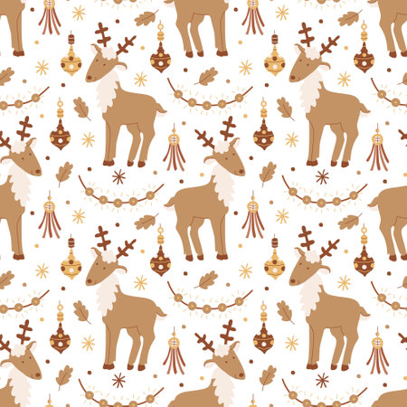 Vector Christmas seamless patterns with reindeers, boho baubles, garlands and snowflakes on white. Great for fabrics, wrapping papers, covers. Hand drawn flat illustration in earth tones.のイラスト素材