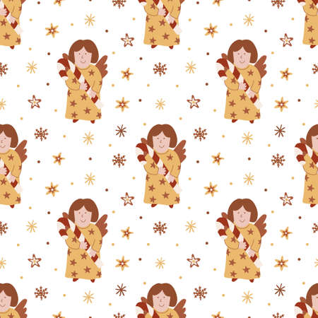 Vector Christmas seamless patterns with angels and snowflakes on white. Great for fabrics, wrapping papers, covers. Hand drawn flat illustration in earth tones.のイラスト素材