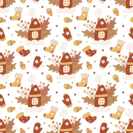 Vector Christmas seamless pattern with xmas houses, socks, mittens and pine cones on white. Great for fabrics, wrapping papers, covers. Hand drawn flat illustration in earth tones.のイラスト素材