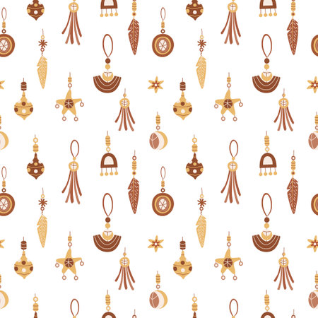 Vector seamless pattern with boho Christmas baubles on white. Great for fabrics, wrapping papers, covers. Hand drawn flat illustration in earth tones.のイラスト素材