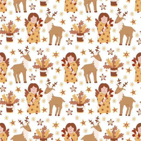 Vector Christmas seamless patterns with angels, reindeers, stars and snowflakes on white. Great for fabrics, wrapping papers, covers. Hand drawn flat illustration in earth tones.のイラスト素材