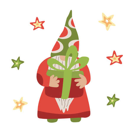 Gnome with a gift box. Vector illustration isolated on white. Red, yellow and green colors. Great for Christmas cards.のイラスト素材
