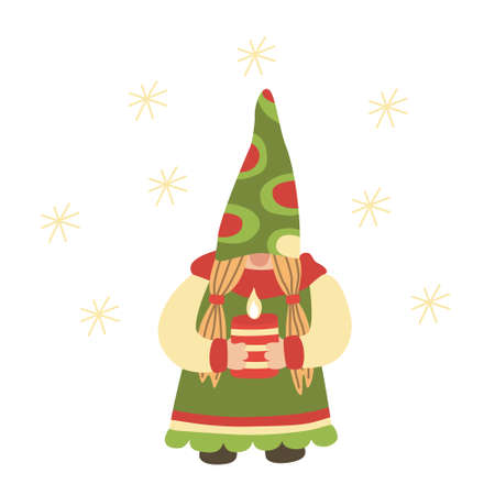 Gnome with a candle. Vector illustration isolated on white. Red, yellow and green colors.  Great for Christmas cards.のイラスト素材
