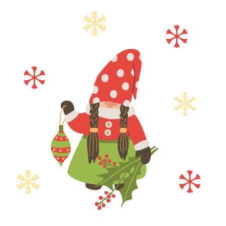Gnome with Christmas bauble and holly. Vector illustration isolated on white. Red, yellow and green colors. Great for Xmas cards.のイラスト素材
