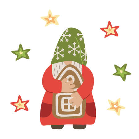 Gnome with a gingerbread house. Vector illustration isolated on white. Red, yellow and green colors. Great for Christmas cards.のイラスト素材